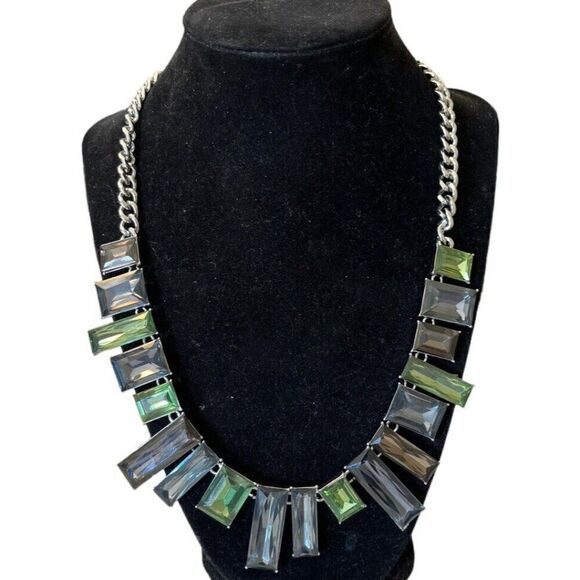 Faceted Jeweled Bib Necklace Blue Gray Green Rectangle Glass Look Stones Chain - Picture 2 of 5